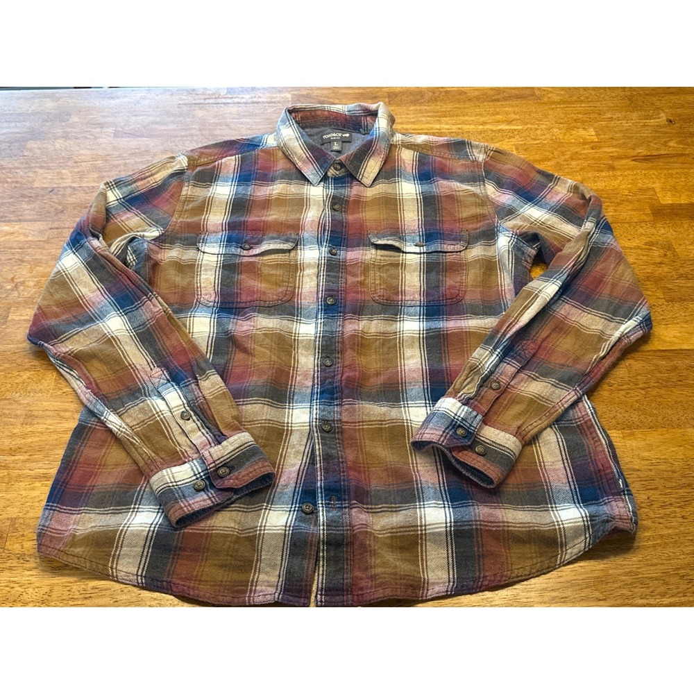 Toad&Co Mens Slim Fit Organic Cotton Plaid Flannel Shirt Brown Burgundy Large